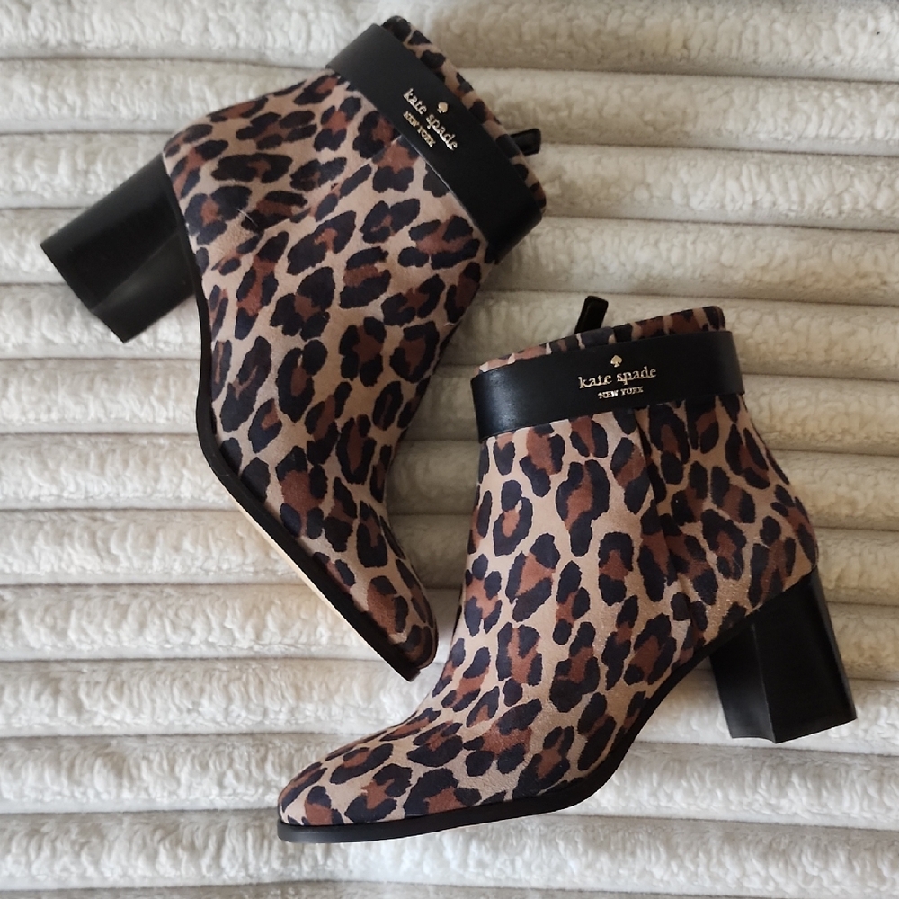 EUC kate spade Morgan Leopard-Print Ankle Boots with Black Trim